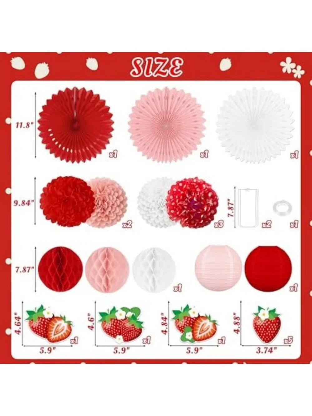 26pcs Strawberry Birthday Party Decor - Red Pink White Fans & Tissue Pom Poms